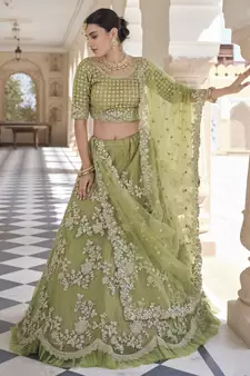 Olive Moss Green Dori Work & Sequins embroidered net semi stitched lehenga