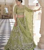 Olive Moss Green Dori Work & Sequins embroidered net Semi Stitched Lehenga choli for women