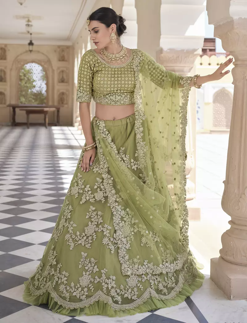 Olive Moss Green Dori Work & Sequins embroidered net semi stitched lehenga