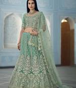 Wintergreen Dream Turquoise Dori Zari And Sequins Embroidered Organza Semi Stitched Lehenga Choli For Wedding