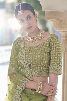 Olive Moss Green Dori Work & Sequins embroidered net Semi Stitched Lehenga choli for women 2