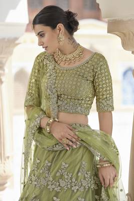 Olive Moss Green Dori Work & Sequins embroidered net Semi Stitched Lehenga choli for women 3