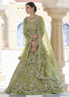 Olive Moss Green Dori Work & Sequins embroidered net Semi Stitched Lehenga choli for women 4