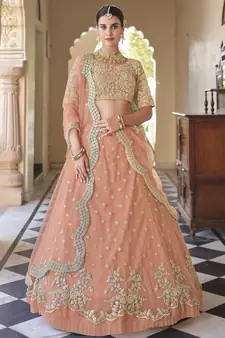 Tumbleweed Peach Dori work and Sequins embroidered net semi stitched Wedding and Party lehenga