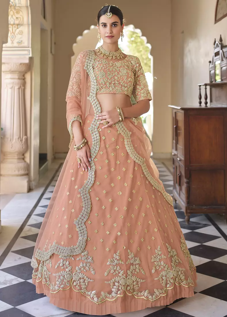 Tumbleweed Peach Dori work and Sequins embroidered net semi stitched Wedding and Party lehenga