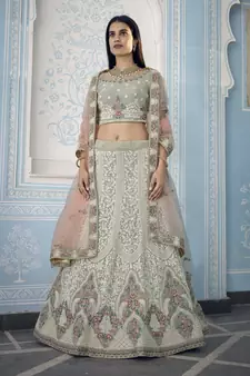 Dark Grey Zari and thread embroidered georgette semi stitched Party lehenga