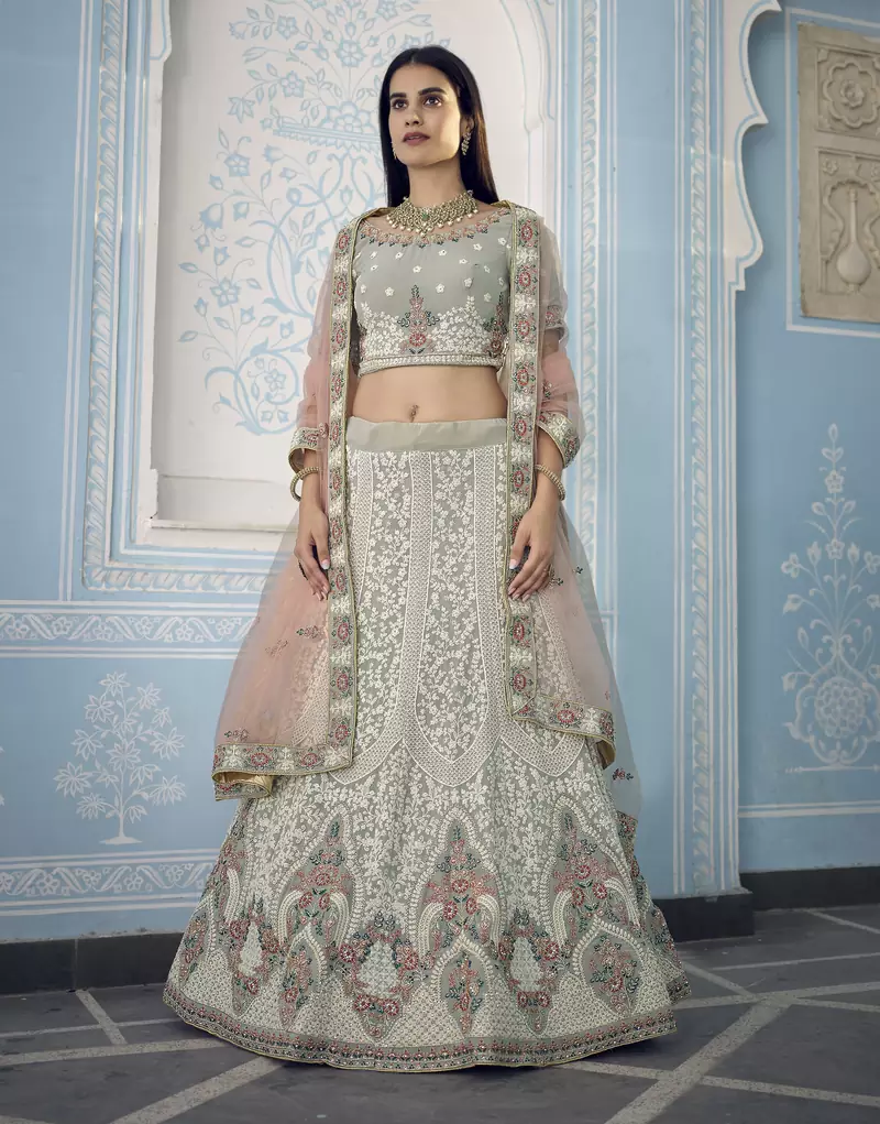 Dark Grey Zari and thread embroidered georgette semi stitched Party lehenga