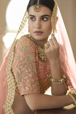 Tumbleweed Peach Dori work and Sequins embroidered net Semi Stitched Wedding and Party Lehenga 2