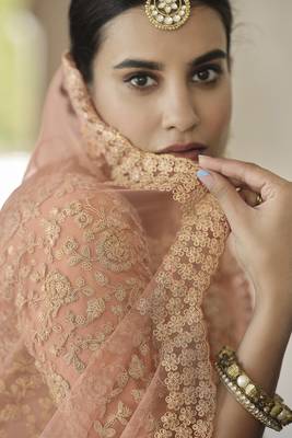 Tumbleweed Peach Dori work and Sequins embroidered net Semi Stitched Wedding and Party Lehenga 4