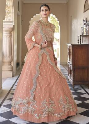 Tumbleweed Peach Dori work and Sequins embroidered net Semi Stitched Wedding and Party Lehenga 5