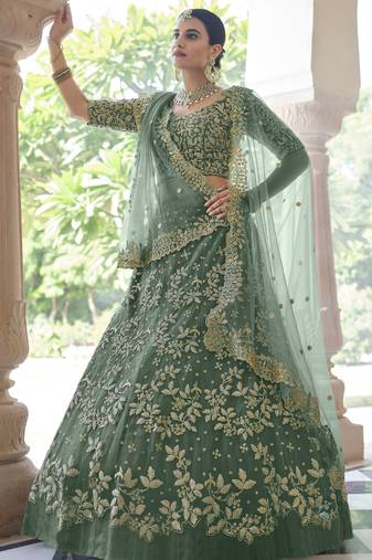 Asparagus Green Dori & Sequins embroidered net Lehenga for bride