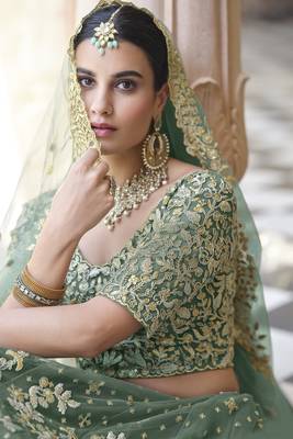 Asparagus Green Dori & Sequins embroidered net Lehenga for bride 2