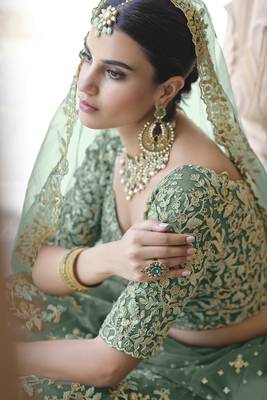 Asparagus Green Dori & Sequins embroidered net Lehenga for bride 3
