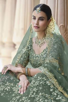 Asparagus Green Dori & Sequins embroidered net Lehenga for bride 4
