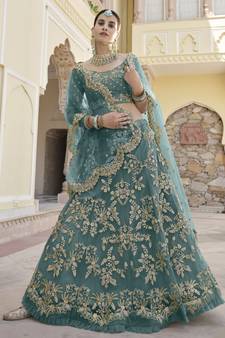 Prepossessing Feldgrau Green Embroidered Net Semi Stitched Lehenga