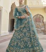 Prepossessing Feldgrau Green Embroidered Net Semi Stitched Lehenga
