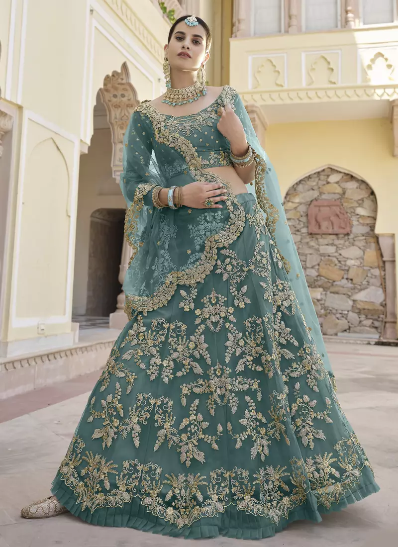 prepossessing Feldgrau green embroidered net semi stitched lehenga