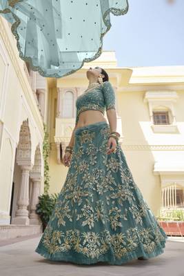 Prepossessing Feldgrau Green Embroidered Net Semi Stitched Lehenga 4