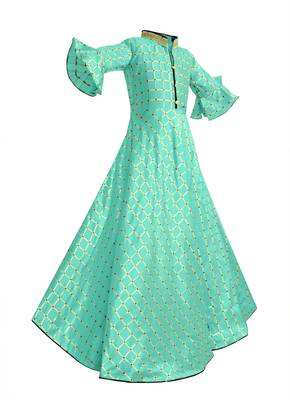 Turquoise woven silk kids-girl-gowns 2