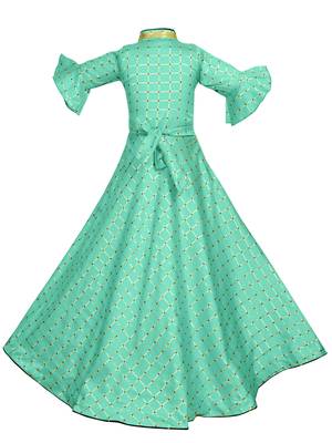 Turquoise woven silk kids-girl-gowns 3