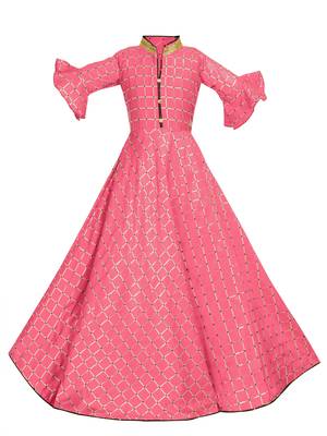 Pink woven silk kids-girl-gowns 1