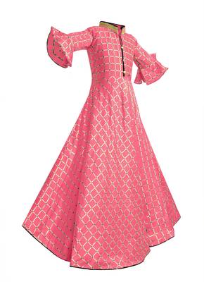 Pink woven silk kids-girl-gowns 2