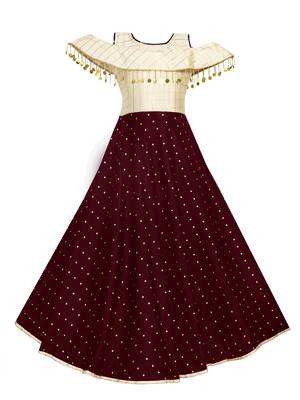 Maroon woven taffeta kids-girl-gowns 1