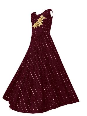 Maroon woven taffeta kids-girl-gowns 2
