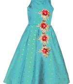 Turquoise woven taffeta kids-girl-gowns