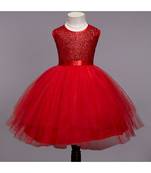 Sequins Sleeveless Party Wear Dress Frock With Lace Band For Girls Red