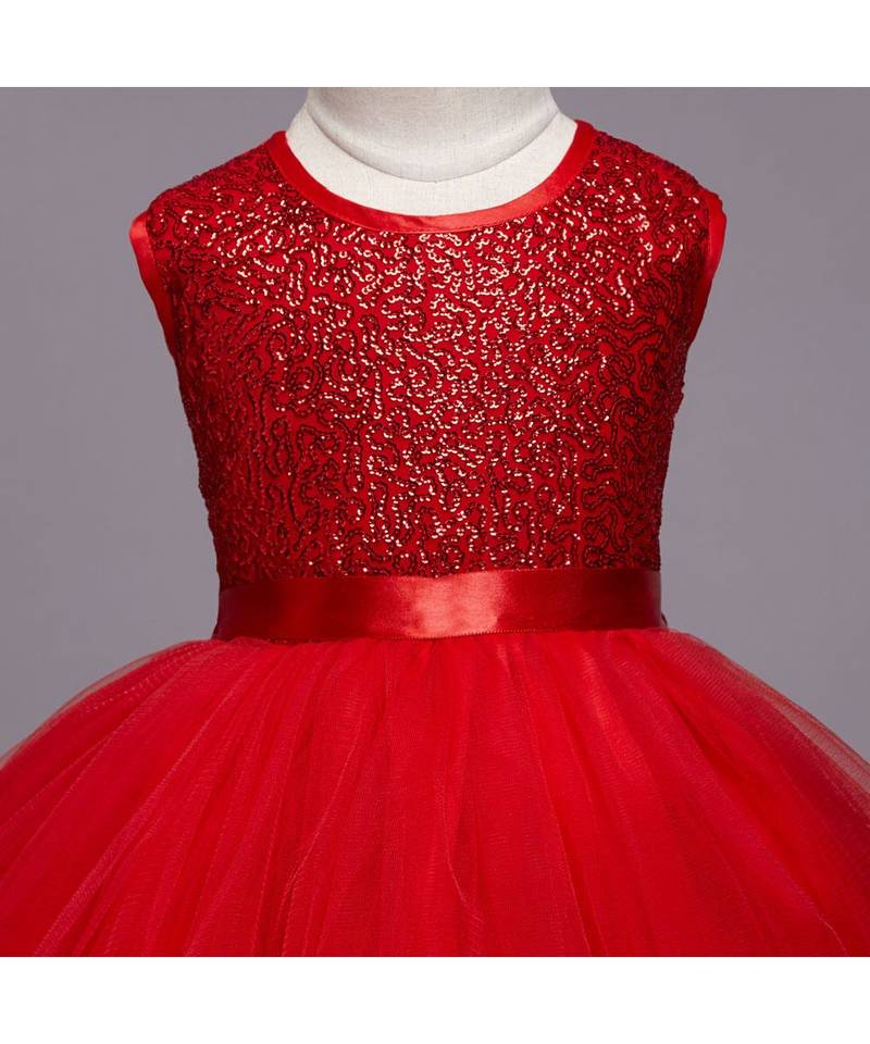 Sequins Sleeveless Party Wear Dress Frock With Lace Band For Girls Red