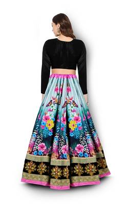  Peacock Blue And Black Dori And Sequins Embroidered Art Silk Lehenga Choli For Wedding 6
