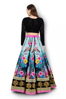  Peacock Blue And Black Dori And Sequins Embroidered Art Silk Lehenga Choli For Wedding