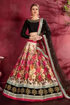 Cream And Black Dori And Sequins Embroidered Art Silk Party Wear Lehenga Choli