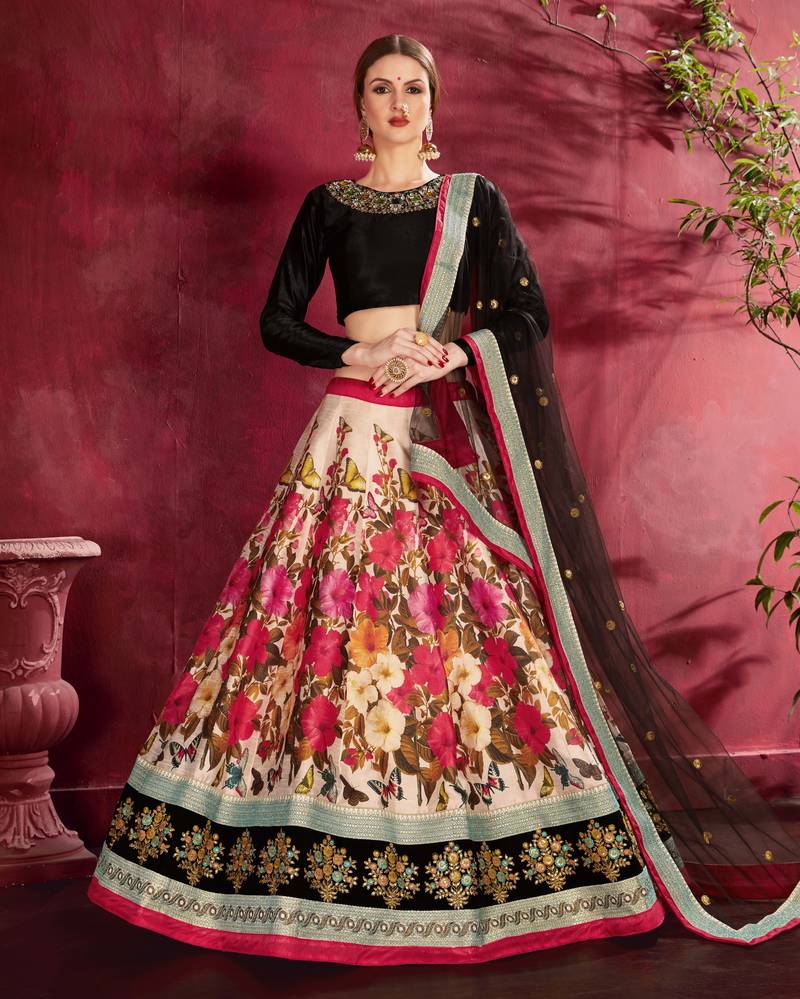 Cream And Black Dori And Sequins Embroidered Art Silk Party Wear Lehenga Choli