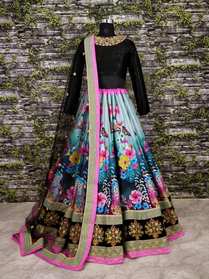  Peacock Blue And Black Dori And Sequins Embroidered Art Silk Lehenga Choli For Wedding