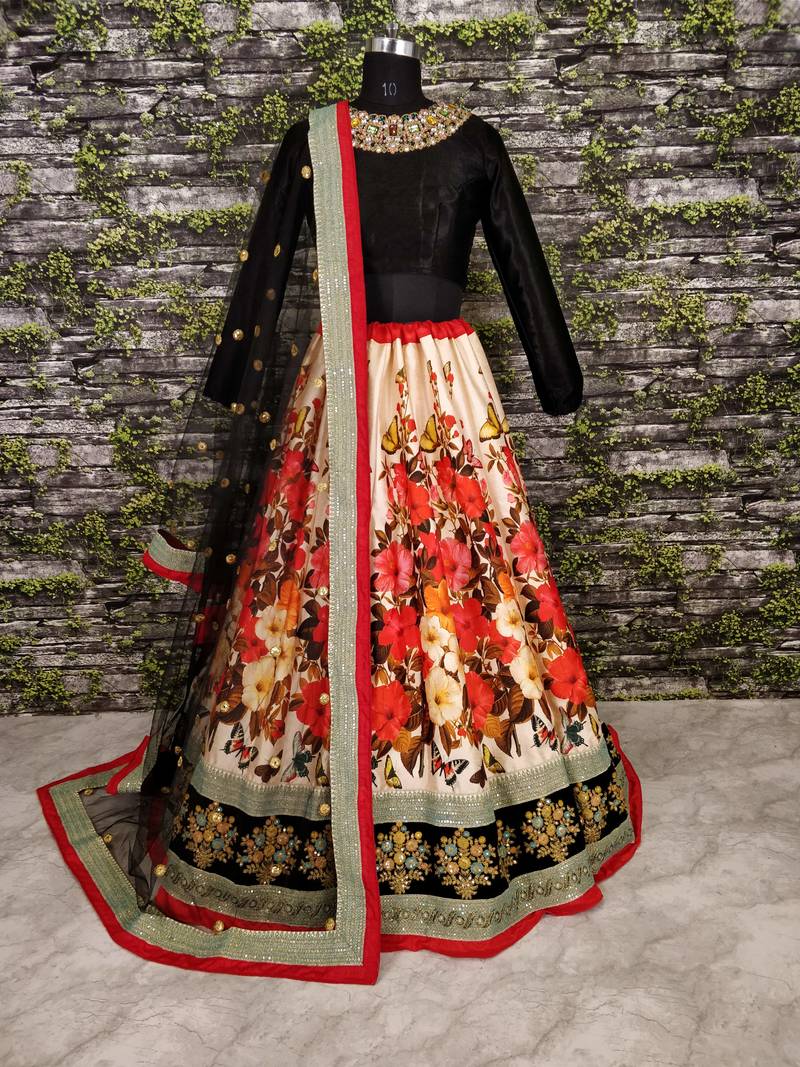Cream And Black Dori And Sequins Embroidered Art Silk Party Wear Lehenga Choli