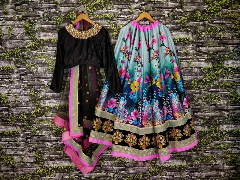  Peacock Blue And Black Dori And Sequins Embroidered Art Silk Lehenga Choli For Wedding