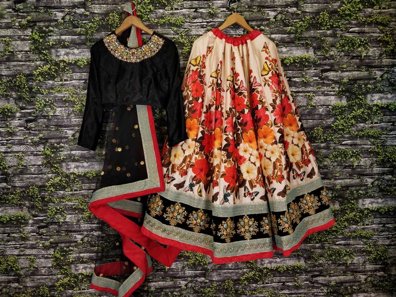 Cream And Black Dori And Sequins Embroidered Art Silk Party Wear Lehenga Choli