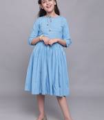 Turquoise embroidered cotton kids-frocks