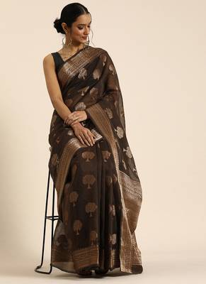 Dark grey hand woven banarasi cotton saree with blouse 1