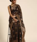 Dark grey hand woven banarasi cotton saree with blouse