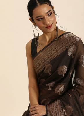 Dark grey hand woven banarasi cotton saree with blouse 2