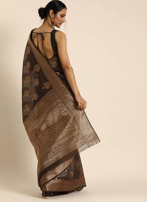 Dark grey hand woven banarasi cotton saree with blouse 3