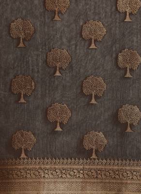 Dark grey hand woven banarasi cotton saree with blouse 4