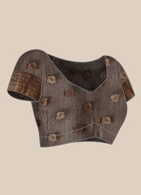 Dark grey hand woven banarasi cotton saree with blouse 5