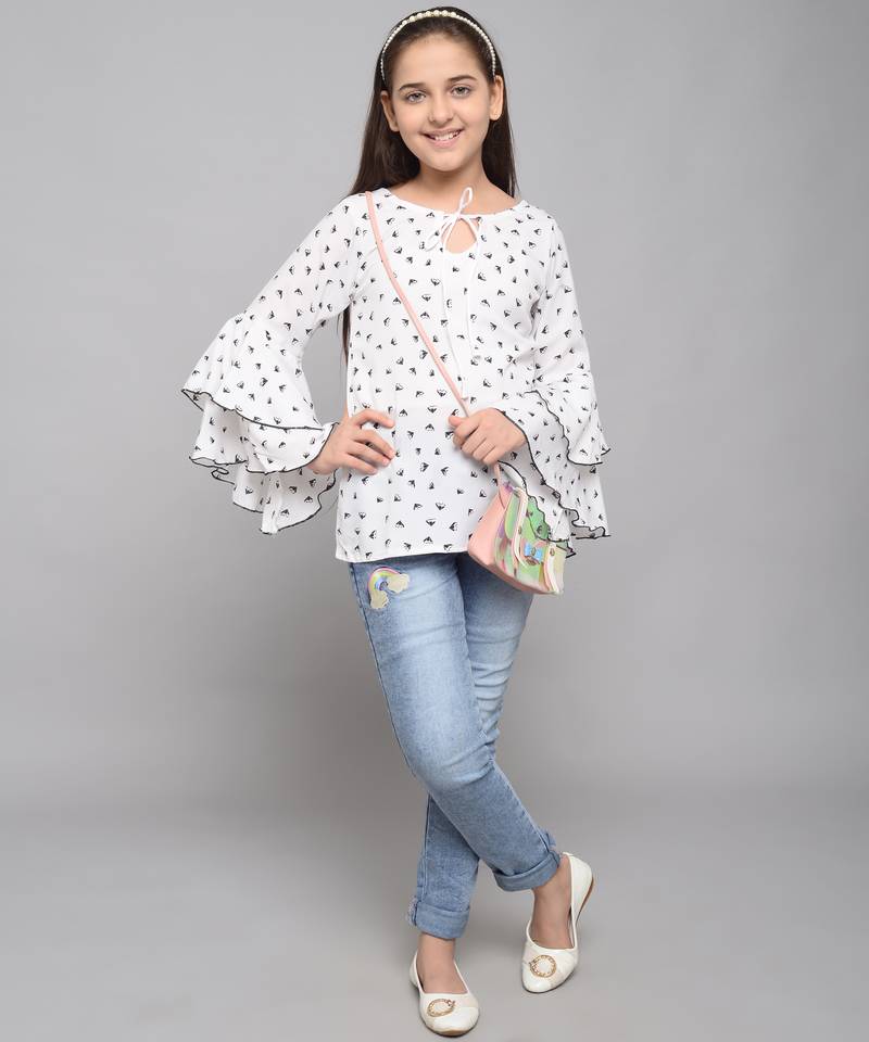 White printed crepe kids-tops