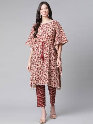 Maroon printed cotton cotton-kurtis 1