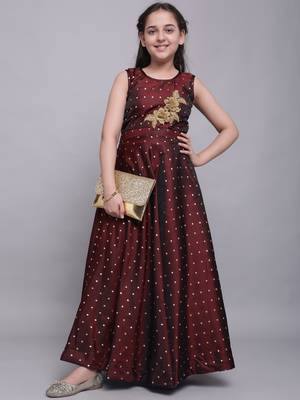 Maroon woven taffeta kids-girl-gowns 1