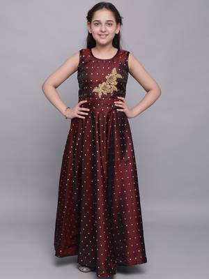 Maroon woven taffeta kids-girl-gowns 2